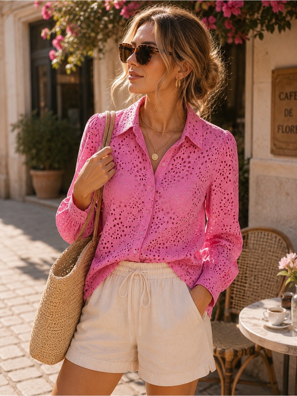 Joie Pink Eyelet Button Down Blouse Resort Vacation Coastal Chic Size L